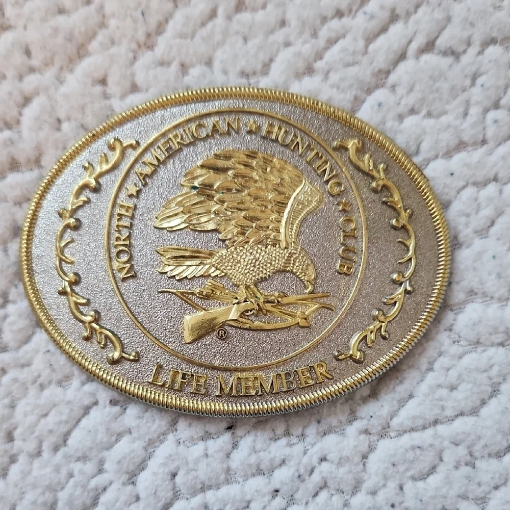 Vintage North American Hunting Club Life Member Eagle Branches Belt Buckle Gold